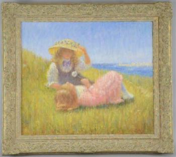 Two girls with a dandelion clock overlooking the sea by 
																			Rene Legrand