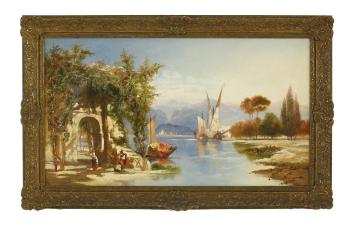 An Italian lake scene with figures resting by a Classical arch in the foreground by 
																	George Ireton