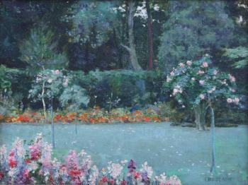 Garden scene with floral borders by 
																	Charles Waldo Adin