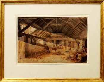 Interior of a barn by 
																	Augustus Charles Pugin