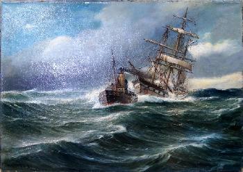 Tug with a sailing ship on rough seas by 
																	Wilhelm Hanken