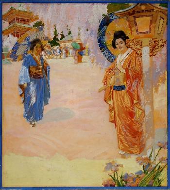 Japanese ladies with parasols in a garden by 
																	Cyrus Cuneo
