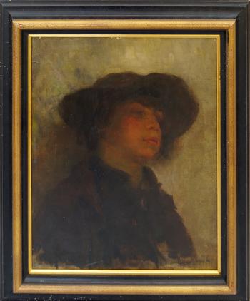 Portrait of a figure in a broad brimmed hat by 
																	Florence Engelbach