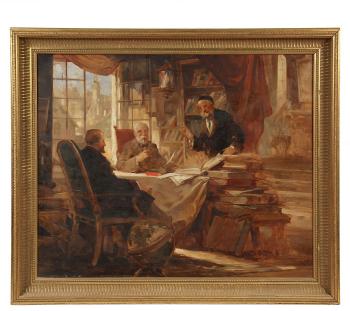 Three Talmudic Scholars Debating in a Library by 
																			Josef Jaczay