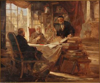 Three Talmudic Scholars Debating in a Library by 
																			Josef Jaczay