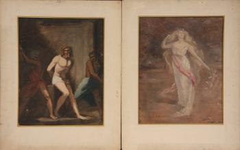 Figure studies, including Christ bound for scourging by two soldiers & a Standing Woman with long blonde flowing hair, white classical gown with red sash, flowers in one hand by 
																			Pierre Narcisse Guerin