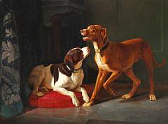 Two hunting dogs, one with a crowned monogram FF on it's collar for Frederik VIII.  Signed W.  Zillen by 
																	Johannes Wilhelm Zillen