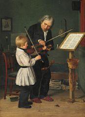 Den første Underviisning på Violin.  The first violin lesson by 
																	Geskel Saloman