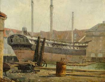 View from Christianshavn with a ship on a building berth by 
																	Julius Prommel
