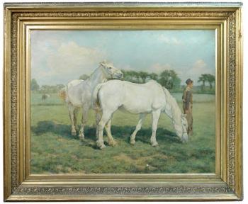 A horseman leading two grey cobs in a meadow by 
																			James Princep Beadle