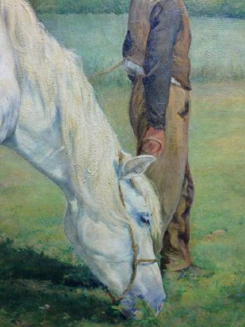 A horseman leading two grey cobs in a meadow by 
																			James Princep Beadle