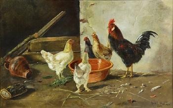 Farmyard with chickens by 
																			Paul E Harney