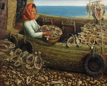 Woman with fish in boat by 
																			 Zhang Shunchuan