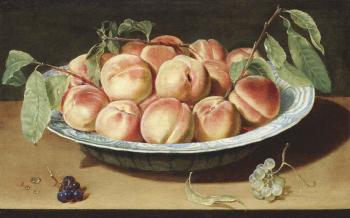 Peaches in a Chinese blue and white porcelain bowl with black and white grapes, on a wooden table by 
																	Rene Nourisson