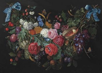A garland of flowers and fruit with a snail and butterflies by 
																	Jacob van Walscapelle