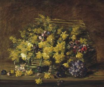 Daffodils and other flowers in a hamper by 
																	A van Haddenham