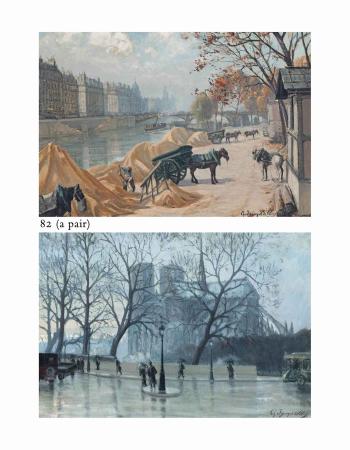 Loading carts on the banks of the Seine, Paris; and Walking in the rain before Notre Dame, Paris by 
																	Charles Andre Igounet de Villiers