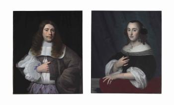 Portrait of Andries Rijckaert (1636-1716), half-length, in a brown coat, a lace collar and purple ribbons; and Portrait of Susanna Rijckaert (born 1635), half-length.. by 
																	Isaak Luttichuys