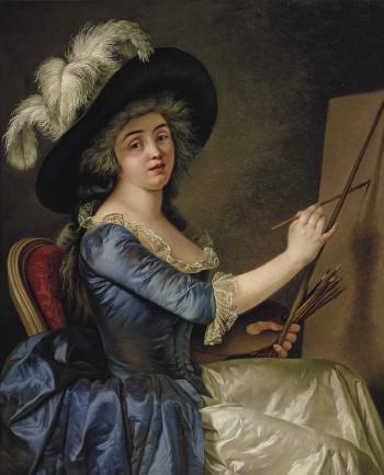 Portrait of a female painter a her easel, quarter-length, in a blue dress with a brown hat by 
																	Adelaide Labille-Guiard