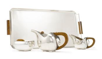 Three-piece Tea Set And Matching Two-handled Tray by 
																	 Calderoni Fratelli