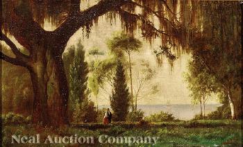 Couple Strolling under a Live Oak along the water's edge by 
																	Henry Howard Bagg