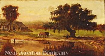 Louisiana Landscape with Cabin, Barn, Cattle and Fisherman by 
																			Auguste Norieri