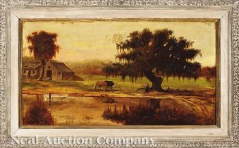 Louisiana Landscape with Cabin, Barn, Cattle and Fisherman by 
																			Auguste Norieri