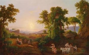 Open Arcadian landscape with farmers by 
																	Ferenc Ujhazy