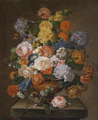 Bouquet of flowers with bird nest by 
																	Johann Oberer
