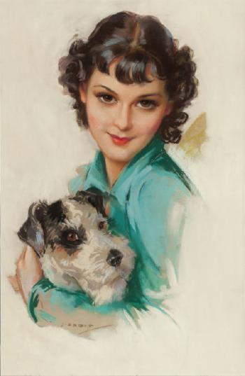 Young Woman with Her Dog, calendar illustration by 
																			Jules Erbit