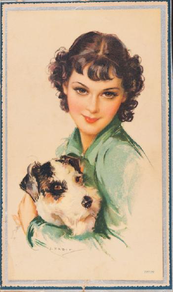 Young Woman with Her Dog, calendar illustration by 
																			Jules Erbit