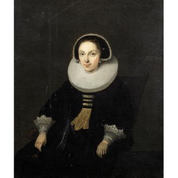 Portrait of a lady, seated, three-quarter-length, in a black dress with a white ruff and lace cuffs by 
																	Dirck van Santvoort