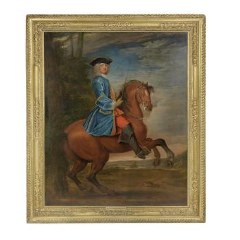 Portrait of a Gentleman, full-length, in a blue coat and a Tricorn Hat, on Horseback by 
																			Bartholomew Dandridge