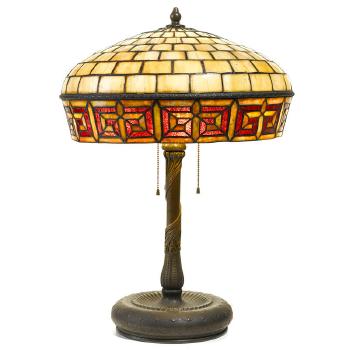 Lamp base and an American leaded glass Greek Key shade by 
																			 Tiffany Glass & Decorating Co