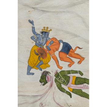 An illustration from the Makendeya Purana: Vishnu destroys the demons Madhu and Kaitabha by 
																			 Guler School