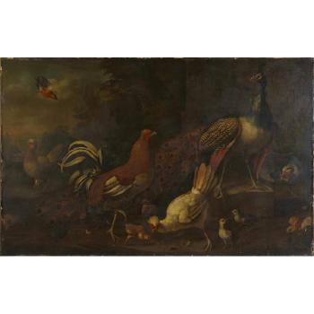 A peacock, a gamecock, three tufted hens with chicks, and other birds in a landscape by 
																	Adriaen van Oolen