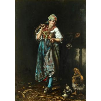 Farm girl; man with wine barrell by 
																			 Mito