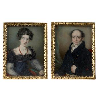 A pair of miniatures portraying Mr and Mrs Nichols by 
																	Kenneth MacLeay