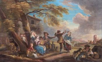 Card players outside an inn. Musicians and dancers in front of a cottage by 
																			Lallemand Naissant