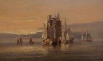 Hay barge and other shipping becalmed at sunrise by 
																	Thomas Lucop