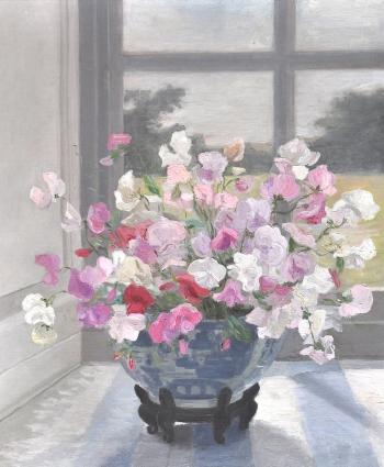 Still Life with Sweet Peas in a Japanese Vase, Standing in a Window by 
																	Hester Addercron