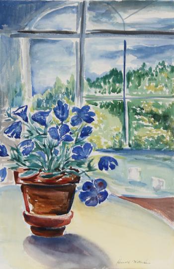 Blue flowers in the window by 
																	Harold Wallerstein