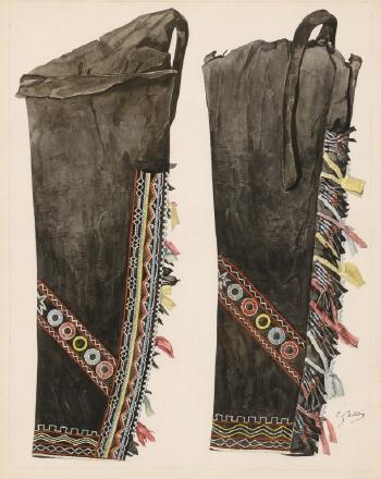 Two gaiters worn by American Indians. Two pipe bags used by American Indians by 
																	Emile Gallois