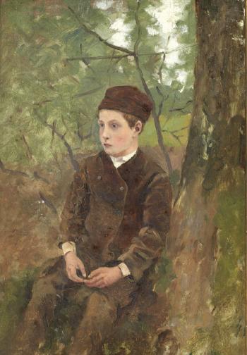Portrait de jeune garçon assis. Paysage by 
																	George Clausen
