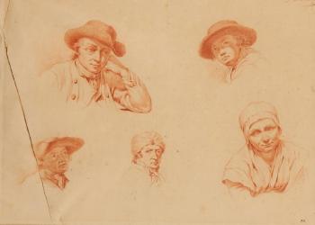 Feuille d'étude: portrait de femme au bonnet, quatre têtes d'homme, trois au chapeau, un au bonnet de fourrure by 
																	Johann Christiaan Willem Safft