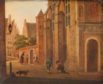 Scène animée dans une rue, le long d'une église by 
																	Herman Jacob van der Voort In de Betouw