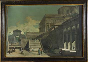 Capriccio con architetture classiche e scalone monumentale e astanti in conversazione by 
																			Ascanio Luciani