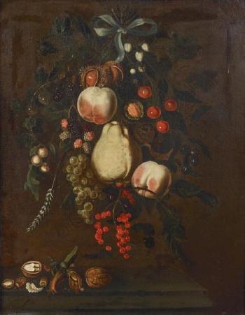 Nature morte de pommes, poires, raisins, groseilles, mûres suspendues sur un entablement avec des noix by 
																	L Wyncoop