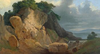 Landschaft mit Wildbach und Felsformation by 
																	August Friedrich Wilhelm Nothnagel