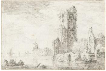 Flusslandschaft mit Kirchenruine und Windmühle by 
																	Cornelis van Noorde
